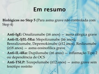 Em resumo
Biológicos no Step 5 (Para asma grave não controlada com
Step 4)
 Anti-IgE: Omalizumabe (≥6 anos) — asma alérgica grave
 Anti-IL-5/IL-5Rα: Mepolizumabe (≥6 anos),
Benralizumabe, Depemokimabe (≥12 anos), Reslizumabe
(≥18 anos) — asma eosinofílica grave
 Anti-IL-4Rα: Dupilumabe (≥6 anos) — inflamação Tipo 2
ou dependência de OCS
 Anti-TSLP: Tezepelumabe (≥12 anos) — asma grave sem
fenótipo restrito
 