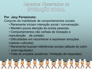 Por Jacy Perissinoto:
Conjunto de inabilidade de comportamentos sociais:
   • Raramente iniciam interação social / conversação;
   • Mantém pouca atenção às outras pessoas;
   • Comportamentos não verbais de iniciação e
   manutenção de contato;
   • Dificuldades em reconhecer e expressar emoções
   (valores culturais);
   • Raramente buscam referências sociais (atitude do outro
   / auto-regulação)
   • Falta de empatia (ausência / limitação de respostas)
 