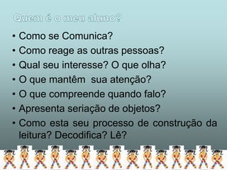 •   Como se Comunica?
•   Como reage as outras pessoas?
•   Qual seu interesse? O que olha?
•   O que mantêm sua atenção?
•   O que compreende quando falo?
•   Apresenta seriação de objetos?
•   Como esta seu processo de construção da
    leitura? Decodifica? Lê?
 