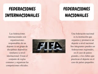 Las federaciones
internacionales son
organizaciones
responsables de un
deporte (o un grupo de
disciplinas deportivas
similares) a nivel
internacional. Crean el
conjunto de reglas
comunes y organizan las
competiciones oficiales.
Una federación nacional
es la institución que
organiza y promueve un
deporte a nivel nacional.
Sus integrantes pueden ser
federaciones regionales,
en el caso de países
grandes, o los clubes que
practican el deporte en el
caso de países pequeños.
FEDERACIONES
NACIONALES
FEDERACIONES
INTERNACIONALES
 