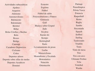 Actividades subacuáticas
Ajedrez
Arqueros
Atletismo
Automovilismo
Baloncesto
Balonmano
Béisbol
Billar
Bolas Criollas y Bochas
Bolo
Boxeo
Bridge
Canotaje
Cazadores Deportivos
Ciclismo
Coleo
Deportes aéreos
Deporte sobre sillas de ruedas
Deportes Acuáticos
Dominó
Ecuestre
Esgrima
Fútbol
Fútbol de salón
Fisicoculturismo y Fitness
Gimnasia
Golf
Hockey sobre Césped
Judo
Jiu-jitsu
Karate-do
Kempo
Kickingball
Karts
Levantamiento de pesas
Lucha
Motociclismo
Montañismo y Escalada
Motonáutica
Natación
Orientación
Patinaje
Paraolímpica
Pelota Vasca
Potencia
Raquetball
Remo
Rugby
Sambo
Siscomada
Squash
Softbol
Surfing
Taekwondo
Triatlón
Tenis
Tenis de mesa
Tiro
Tiro con arco
Ultimate Frisbee
Vela
Voleibol
Wushu
 