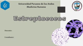 Estreptococos
Estreptococos
Docente:
Universidad Peruana de los Andes
Medicina Humana
Estudiante:
 