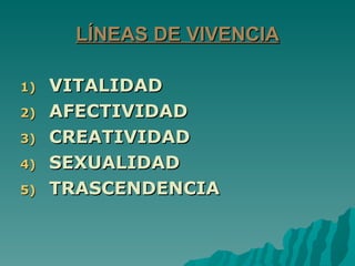 LÍNEAS DE VIVENCIA

1)   VITALIDAD
2)   AFECTIVIDAD
3)   CREATIVIDAD
4)   SEXUALIDAD
5)   TRASCENDENCIA
 