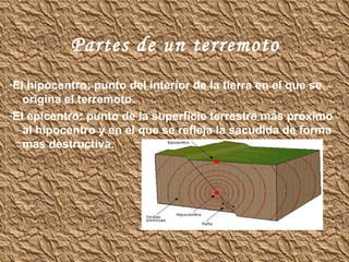 Partes de un terremoto ·El hipocentro: punto del interior de la tierra en el que se origina el terremoto. ·El epicentro: punto de la superficie terrestre más próximo al hipocentro y en el que se refleja la sacudida de forma mas destructiva. 