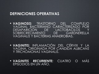 DEFINICIONES OPERATIVAS
• VAGINOSIS: TRASTORNO DEL COMPLEJO
VAGINAL BACTERIANO CARACTERIZADO POR
DESAPARICIÓN DE LACTOBACILOS Y
SOBRECRECIMIENTO DE GARDNERELLA
VAGINALIS Y BACTERIAS ANAEROBIAS.
• VAGINITIS: INFLAMACIÓN DEL CÉRVIX Y LA
VAGINA, ORIGINADA POR CANDIDA ALBICANS
Y TRICHOMONAS VAGINALIS.
• VAGINITIS RECURRENTE: CUATRO O MÁS
EPISODIOS EN UN AÑO.
 