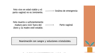 Feto vivo en edad viable y el
parto vaginal no es inminente.
Cesárea de emergencia
Feto muerto o suficientemente
maduro para vivir fuera del
útero y la madre esté estable.
Parto vaginal
Reanimación con sangre y soluciones cristaloides.
 