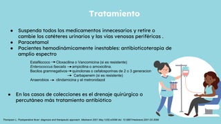 ● Suspenda todos los medicamentos innecesarios y retire o
cambie los catéteres urinarios y las vías venosas periféricas .
● Paracetamol
● Pacientes hemodinámicamente inestables: antibioticoterapia de
amplio espectro
Tratamiento
Estafilococo Cloxacilina o Vancomicina (si es resistente)
Enterococcus faecalis ampicilina o amoxicilina.
Bacilos gramnegativos quinolonas o cefalosporinas de 2 o 3 generacion
Carbapenem (si es resistente)
Anaerobios clindamicina y el metronidazol
● En los casos de colecciones es el drenaje quirúrgico o
percutáneo más tratamiento antibiótico
Thompson L. Postoperative fever: diagnosis and therapeutic approach. Medwave 2001 May;1(05):e3098 doi: 10.5867/medwave.2001.05.3098
 