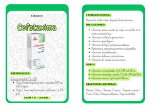 F Á R M A C O
Cefotaxima
Cefotaxima
P R E S E N T A C I O N :
F A R M A C O C I N E T I C A :
I N D I C A C I O N E S :
Solucióninyectable(I.VoI.M)
1 Caja, 1 Frasco ámpula con polvo y diluyente, 500 mg,
500/2mg/ml
1 Caja, 1 Frasco ámpula con polvo y diluyente, 1 g, 1/4
g/ml
Bactericida,inhibesíntesisdeparedcelularbacteriana.
Infecciones serias causadas por cepas susceptibles en el
tractorespiratoriobajo.
Infeccioneseneltractogenitourinario.
Infeccionesginecológicas.
Infeccionesdelapielyestructurascutáneas.
Bacteriemiaysepticemiaporgérmenessusceptibles.
Infeccionesintraabdominales.
Infeccionesdehuesosyarticulaciones.
Infeccionesdelsistemanerviosocentral.
D O S I S :
Infeccionesnocomplicadas:1gIVoIMcada12hrs.
Infeccionesmoderadasaseveras:1-2gIVoIMcada8hrs.
Infeccionesseveras:2gIVcada6-8horas,
R E A C C I O N E S A D V E R S A S :
Diarrea / Colitis / Náuseas / Emesis / Erupción cutánea /
Prurito/Fiebre/Choqueanafiláctico/Hipersensibilidad.
G R A M + O - ( A M B O S )
 