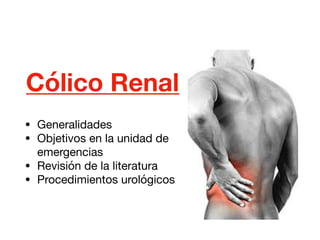 Cólico Renal
• Generalidades

• Objetivos en la unidad de
emergencias 

• Revisión de la literatura

• Procedimientos urológicos
 
