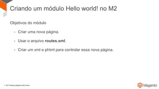 Pastas comuns de módulos M2
Block - Classes view do MVC.
Controller - Lógicas do módulo.
etc - Arquivos de config (incluindo o module.xml).
Model - Comunicação com o banco.
Setup - Scripts de estrutura do DB e instalação.
 