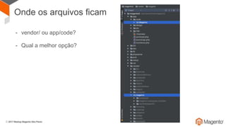 Sobre o Magento 2
- Suporte ao PHP7
- Colaboração via Github
- Baseado em Composer
- Injeção de dependência
- PSR (1 2 3 4)
- Tecnologias frontend atualizadas
- CLI Tool extensível
- Cobertura de testes & Framework
 