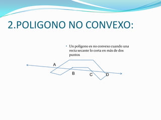 2.POLIGONO NO CONVEXO:
           • Un polígono es no convexo cuando una
             recta secante lo corta en más de dos
             puntos

       A

              B          C         D
 