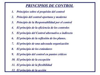 PRINCIPIOS DE CONTROL
1. Principios sobre el propósito del control
2. Principio del control oportuno y moderno
3. Principio de la Responsabilidad por el control
4. El principio de la eficiencia de los controles
5. El principio del Control alternativo o indirecto
6. El principio de la reflexión de los planes.
7. El principio de una adecuada organización
8. El principio de los estándares
9. El principio del control en puntos críticos
10. El principio de la excepción
11. El principio de la flexibilidad
12. El principio de la acción
 