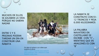 MUCHOS DE ELLOS
SE JUGABAN LA VIDA
PORQUE NO SABÍAN
NADAR
ENTRE 5 Y 6
PRSONAS PODÍAN
TARDAR UN DÍA EN
CONSTRUIR UNA
NABATA
LA NABATA SE
CONSTRUYE CON10-
12 TRONCOS Y PESA
6.000 KILOGRAMOS
LA PALABRA
NAVATERO EN
CASTELLANO SE
ESCRIBE CON “V”,,
MIENTRAS QUE EN
ARAGONÉS ES CON
“B”
https://www.youtube.com/watch?t
ime_continue=2&v=Ne8LSc7z1Eg&
feature=emb_logo
Os dejo el enlace a un vídeo que
explica el oficio
 