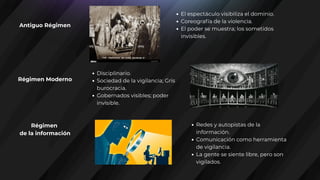 Antiguo Régimen
Régimen Moderno
Régimen
de la información
El espectáculo visibiliza el dominio.
Coreografía de la violencia.
El poder se muestra; los sometidos
invisibles.
Disciplinario.
Sociedad de la vigilancia; Gris
burocracia.
Gobernados visibles; poder
invisible.
Redes y autopistas de la
información.
Comunicación como herramienta
de vigilancia.
La gente se siente libre, pero son
vigilados.
 
