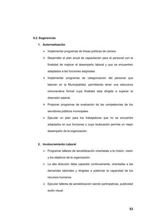6.2. Sugerencias

   1. Autorrealización

       Implementar programas de líneas políticas de carrera.

       Desarrollar el plan anual de capacitación para el personal con la

          finalidad de mejorar el desempeño laboral y que se encuentren

          adaptados a las funciones asignadas.

       Implementar programas de categorización del personal que

          laboran en la Municipalidad, permitiendo tener una estructura

          remunerativa formal cuya finalidad esta dirigida a superar la

          distorsión salarial.

       Proponer programas de evaluación de las competencias de los

          servidores públicos municipales.

       Ejecutar un plan para los trabajadores que no se encuentre

          adaptados en sus funciones y cuya reubicación permita un mejor

          desempeño de la organización.



   2. Involucramiento Laboral

       Programar talleres de sensibilización orientadas a la misión, visión

          y los objetivos de la organización.

       La alta dirección debe capacitar continuamente, orientadas a las

          demandas laborales y dirigidas a potenciar la capacidad de los

          recursos humanos.

       Ejecutar talleres de sensibilización siendo participativas, publicidad

          audio visual.




                                                                           53
 