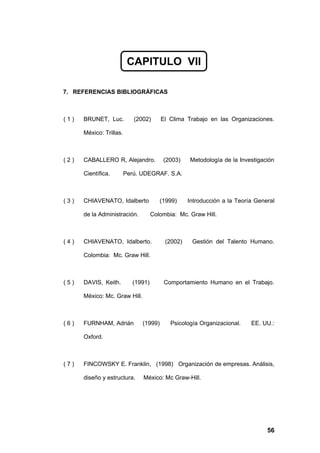CAPITULO VII

7. REFERENCIAS BIBLIOGRÁFICAS



(1)   BRUNET, Luc.          (2002)      El Clima Trabajo en las Organizaciones.

      México: Trillas.



(2)   CABALLERO R, Alejandro.            (2003)   Metodología de la Investigación

      Científica.        Perú. UDEGRAF. S.A.



(3)   CHIAVENATO, Idalberto             (1999)    Introducción a la Teoría General

      de la Administración.         Colombia: Mc. Graw Hill.



(4)   CHIAVENATO, Idalberto.             (2002)    Gestión del Talento Humano.

      Colombia: Mc. Graw Hill.



(5)   DAVIS, Keith.        (1991)        Comportamiento Humano en el Trabajo.

      México: Mc. Graw Hill.



(6)   FURNHAM, Adrián          (1999)      Psicología Organizacional.    EE. UU.:

      Oxford.



(7)   FINCOWSKY E. Franklin, (1998) Organización de empresas. Análisis,

      diseño y estructura.     México: Mc Graw-Hill.




                                                                               56
 