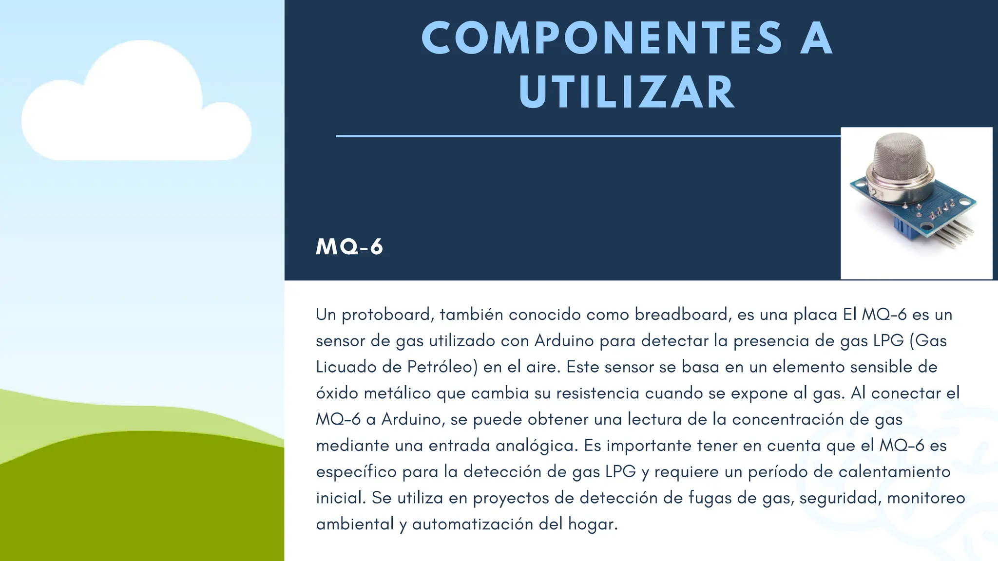 COMPONENTES A
UTILIZAR
MQ-6
Un protoboard, también conocido como breadboard, es una placa El MQ-6 es un
sensor de gas utilizado con Arduino para detectar la presencia de gas LPG (Gas
Licuado de Petróleo) en el aire. Este sensor se basa en un elemento sensible de
óxido metálico que cambia su resistencia cuando se expone al gas. Al conectar el
MQ-6 a Arduino, se puede obtener una lectura de la concentración de gas
mediante una entrada analógica. Es importante tener en cuenta que el MQ-6 es
específico para la detección de gas LPG y requiere un período de calentamiento
inicial. Se utiliza en proyectos de detección de fugas de gas, seguridad, monitoreo
ambiental y automatización del hogar.
 