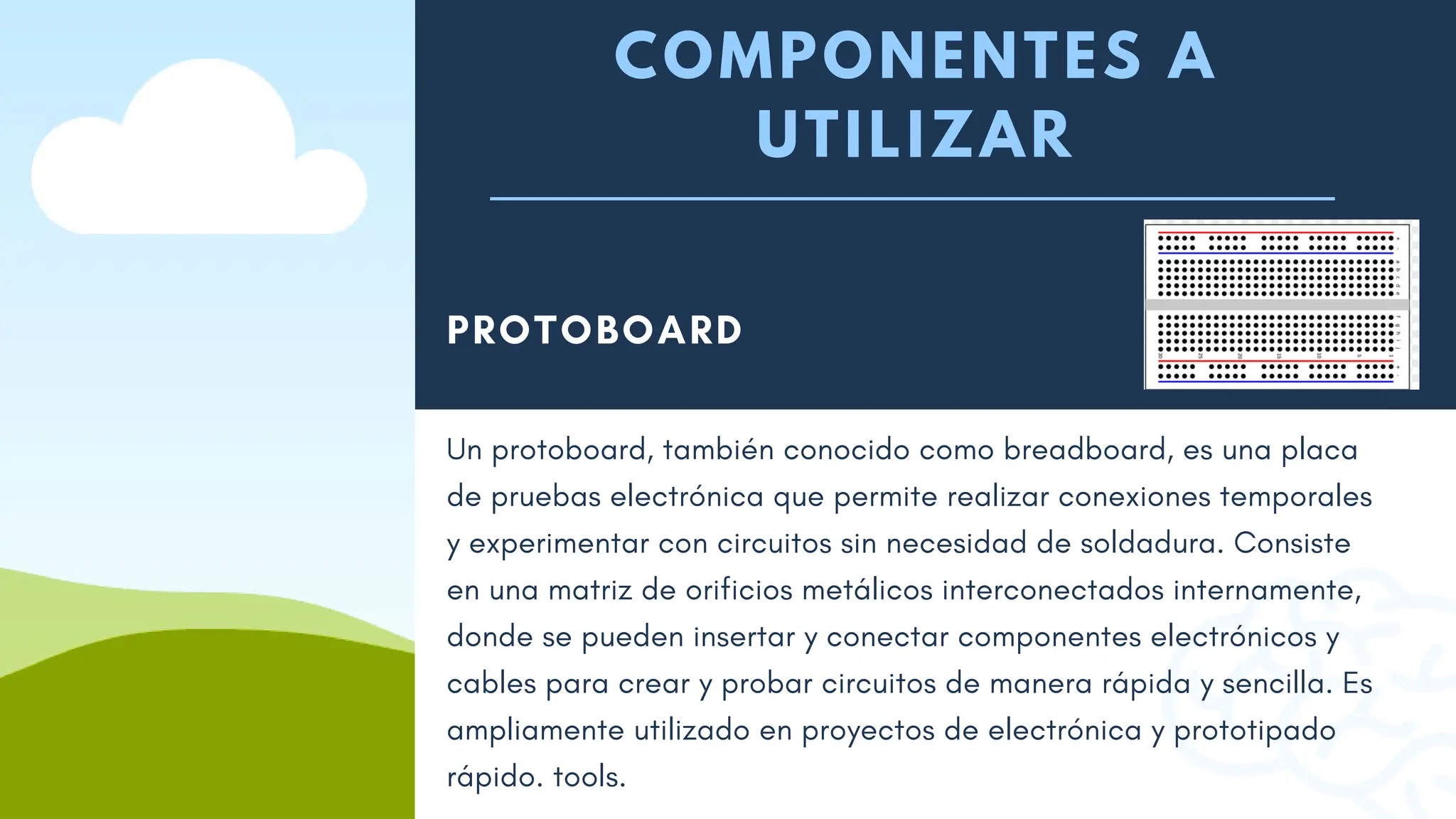 COMPONENTES A
UTILIZAR
PROTOBOARD
Un protoboard, también conocido como breadboard, es una placa
de pruebas electrónica que permite realizar conexiones temporales
y experimentar con circuitos sin necesidad de soldadura. Consiste
en una matriz de orificios metálicos interconectados internamente,
donde se pueden insertar y conectar componentes electrónicos y
cables para crear y probar circuitos de manera rápida y sencilla. Es
ampliamente utilizado en proyectos de electrónica y prototipado
rápido. tools.
 