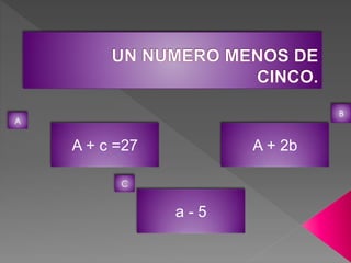 A + c =27 
a - 5 
A + 2b 
A 
C 
B 
 