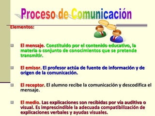 Elementos:
 El mensaje. Constituido por el contenido educativo, la
materia o conjunto de conocimientos que se pretende
transmitir.
 El emisor. El profesor actúa de fuente de información y de
origen de la comunicación.
 El receptor. El alumno recibe la comunicación y descodifica el
mensaje.
 El medio. Las explicaciones son recibidas por vía auditiva o
visual. Es imprescindible la adecuada compatibilización de
explicaciones verbales y ayudas visuales.
 
