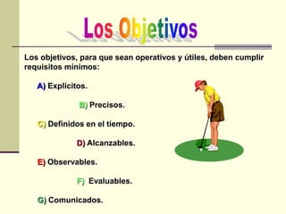 Los objetivos, para que sean operativos y útiles, deben cumplir
requisitos mínimos:
A) Explícitos.
B) Precisos.
C) Definidos en el tiempo.
D) Alcanzables.
E) Observables.
F) Evaluables.
G) Comunicados.
 