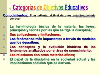 Conocimientos: El estudiante, al final de unos estudios debería
conocer:
 La terminología básica de la materia, las leyes,
principios y teorías por las que se rige la disciplina;
 Sus aplicaciones y limitaciones;
 Los fenómenos más importantes a través de modelos
que los describen;
 Los conceptos y la evolución histórica de los
fenómenos analizados por el área de conocimiento;
 Las relaciones con otras materias afines;
 El papel de la disciplina en la sociedad actual y las
implicaciones sociales que se derivan.
 