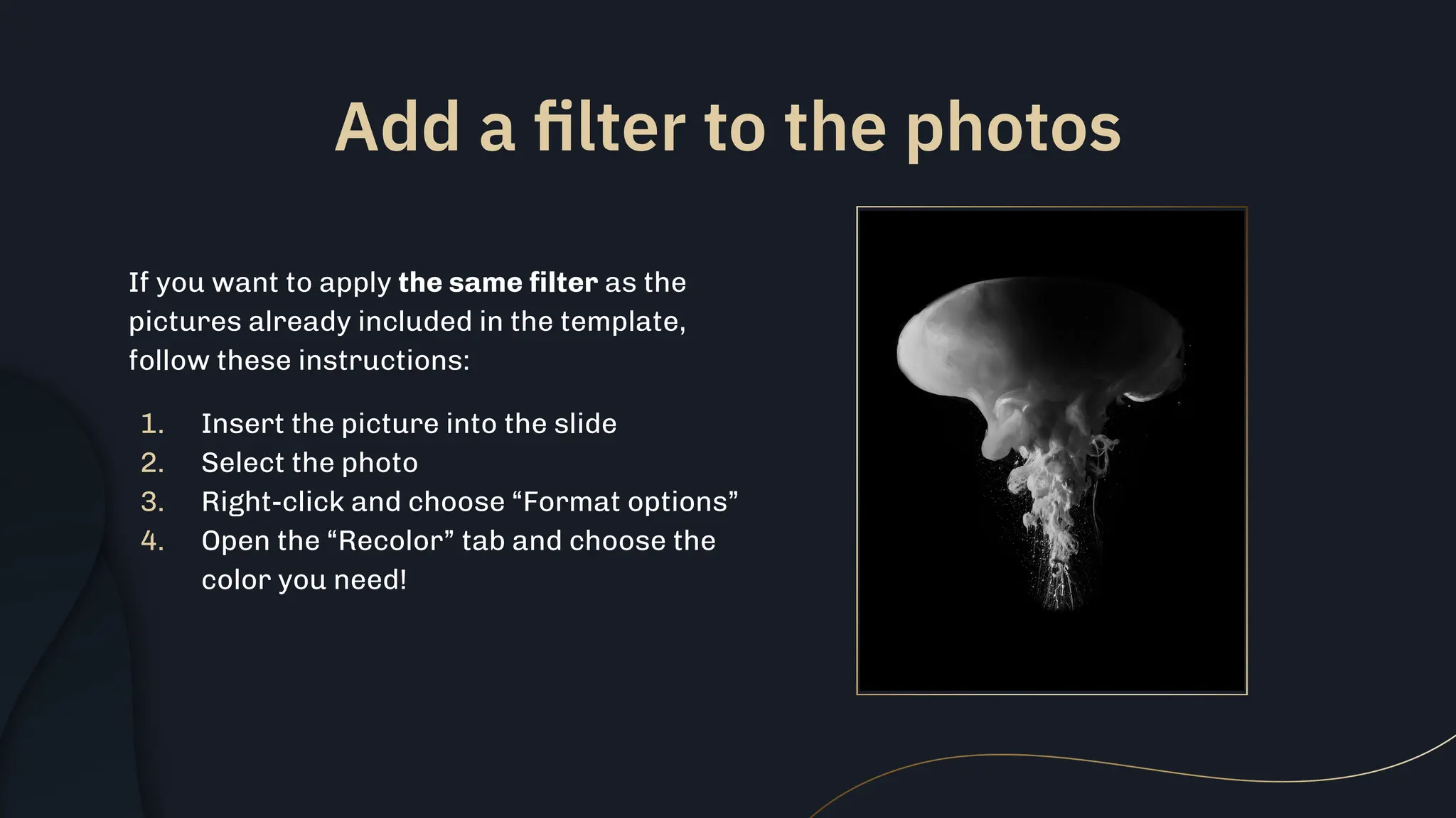 Add a ﬁlter to the photos
If you want to apply the same ﬁlter as the
pictures already included in the template,
follow these instructions:
1. Insert the picture into the slide
2. Select the photo
3. Right-click and choose “Format options”
4. Open the “Recolor” tab and choose the
color you need!
 