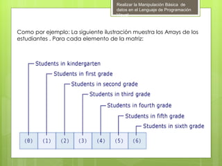 Realizar la Manipulación Básica de
                                     datos en el Lenguaje de Programación
                                     Visual



Como por ejemplo: La siguiente ilustración muestra los Arrays de los
estudiantes . Para cada elemento de la matriz:

 
 