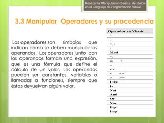 Realizar la Manipulación Básica de datos
                             en el Lenguaje de Programación Visual



 3.3 Manipular Operadores y su procedencia


 Los operadores son   símbolos  que
indican cómo se deben manipular los
operandos. Los operadores junto con
los operandos forman una expresión,
que es una fórmula que define el
cálculo de un valor. Los operandos
pueden ser constantes, variables o
llamadas a funciones, siempre que
éstas devuelvan algún valor.
 