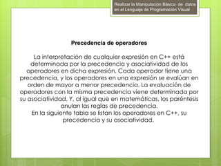 Realizar la Manipulación Básica de datos
                                 en el Lenguaje de Programación Visual




                  Precedencia de operadores

     La interpretación de cualquier expresión en C++ está
    determinada por la precedencia y asociatividad de los
  operadores en dicha expresión. Cada operador tiene una
precedencia, y los operadores en una expresión se evalúan en
   orden de mayor a menor precedencia. La evaluación de
operadores con la misma precedencia viene determinada por
su asociatividad. Y, al igual que en matemáticas, los paréntesis
               anulan las reglas de precedencia.
    En la siguiente tabla se listan los operadores en C++, su
                precedencia y su asociatividad.
 