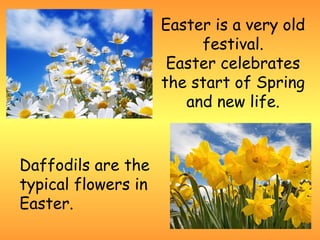 Easter is a very old
                          festival.
                      Easter celebrates
                     the start of Spring
                        and new life.


Daffodils are the
typical flowers in
Easter.
 