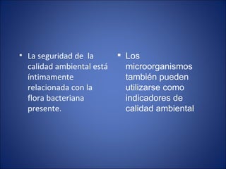 La seguridad de  la calidad ambiental está íntimamente relacionada con la flora bacteriana presente. Los microorganismos también pueden utilizarse como indicadores de calidad ambiental 