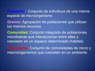 Población :  Conjunto de individuos de una misma especie de microorganismo Gremio : Agrupación de poblaciones que utilizan los mismos recursos Comunidad : Conjunto integrado de poblaciones microbianas que interaccionan entre ellas y  coexisten en un espacio determinado (hábitat) Ecosistema : Conjunto de comunidades de micro y macroorganismos que coexisten en un ambiente 