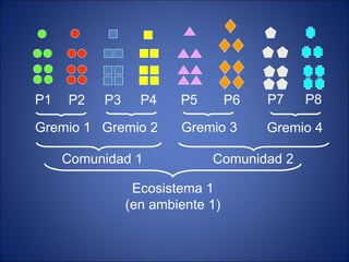 P1 P2 P3 P4 P5 P6 Gremio 1 Gremio 2 Gremio 3 P7 P8 Gremio 4 Comunidad 1 Comunidad 2 Ecosistema 1 (en ambiente 1) 