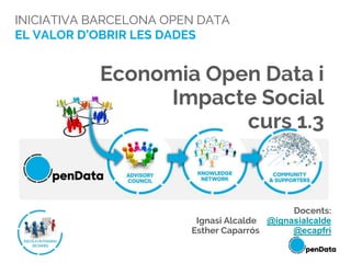 INICIATIVA BARCELONA OPEN DATA
EL VALOR D’OBRIR LES DADES
Economia Open Data i
Impacte Social
curs 1.3
Docents:
Ignasi Alc...