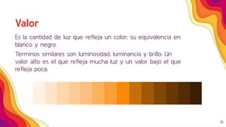 19
Valor
Es la cantidad de luz que reﬂeja un color; su equivalencia en
blanco y negro.
Términos similares son luminosidad, luminancia y brillo. Un
valor alto es el que reﬂeja mucha luz y un valor bajo el que
reﬂeja poca.
 