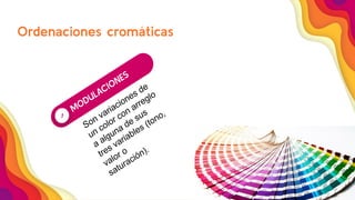 Ordenaciones cromáticas
21
1
MODULACIONES
Son variaciones de
un color con arreglo
a alguna de sus
tres variables (tono,
valor o
saturación).
 
