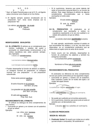 N. P. O. D .
S P. V.
* Aquí, el Sujeto Paciente pasa a ser el O. D. y el Agente
pasa a funcionar como Sujeto en la Voz Activa.
4. El Agente siempre aparece encabezado por la
preposición "por", raras veces empieza con la
preposición "de".
Los nativos ​son atacados​ ​de viruela
N. P. Agente
Sujeto Predicado
MODIFICADORES BIVALENTES
2.5 EL ATRIBUTO: El atributo es un complemento que
nombra cualidades o estados del sujeto y
acompaña en determinadas construcciones a los
verbos copulativos (ser, estar; parecer; semejar;
etc). Ejemplos:
• Pueden desempeñar la función de atributo un adjetivo,
un sintagma nominal sin preposición, un sintagma
nominal con una preposición o una proposición
subordinada:
Estos seres parecen ​pacíficos
adjetivo
El señor Eduardo es ​el comisario
Sint Nom. sin prep.
Los girasoles son ​de color amarillo
Sint. Nom. con prep.
El café está ​que quema
Prop. Sub. Sust.
RECONOCIMIENTO DEL ATRIBUTO
El atributo se distingue de otros complementos de
esta manera:
• Concuerda en género y en número con el sustantivo
al que se refiere.
Ejemplos:
Los niños eran ​traviesos
Atributo
El niño era ​travieso
Atributo
• Si lo suprimimos, tenemos que poner delante del
verbo el pronombre personal átono lo, en función de
atributo. Este rasgo distingue el atributo de algunos
complementos circunstanciales que a veces
acompañan al verbo estar.
Ejemplos:
El auto estaba ​malogrado
Atributo
El auto ​lo​ estaba
Atributo
2.6 EL PREDICATIVO: El predicativo es el
complemento que acompaña a verbos no
copulativos expresando a la vez una cualidad o un
estado del sustantivo al que se refiere.
Ejemplo:
En este ejemplo, asombrados expresa el estado en
que encontraban los adultos y, a la vez, nos dice cómo
observaban; es un complemento predicativo que se
refiere tanto al sujeto como al verbo de la oración.
• Como ocurre con los atributos, desempeñan la
función de predicativo los adjetivos y también los
sintagmas nominales.
La muchedumbre gritaba ​enardecida
predicativo
Nombraron a Pérez ​jefe de la patrulla
predicativo
RECONOCIMIENTO DEL PREDICATIVO
El predicativo se diferencia de otros complementos
con los que podría confundirse por los siguientes rasgos:
• Concuerda en género y número con el sustantivo.
Este sustantivo puede ser el núcleo del sujeto o el
núcleo del objeto directo.
Ejemplos:
• No puede ser sustituido por el nombre personal lo.
• Si lo suprimimos, tenemos que poner junto al verbo el
adverbio así o el demostrativo eso.
Ejemplo:
CLASES DE PREDICADOS
SEGÚN SU NÚCLEO:
1. Predicado Verbal: ​Es aquél cuyo núcleo es un verbo
(ya sea simple o compuesto). Se subdivide en:
3
 