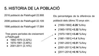 5. HISTORIA DE LA POBLACIÓ
2016 població de Palafrugell 22.868
2006 població de Palafrugell 22.109
1996 població de Palafrugell 17.564
Els percentatges de la diferència de
població dels últims 70 anys són:
● [1950-1960] -0.26 %/Any
● [1960-1970] +3.32 %/Any
● [1970-1981] +3.48 %/Any
● [1981-1991] +1.4 %/Any
● [1991-2001] +0.51 %/Any
● [2001-2011] +2.14 %/Any
● [2011-2014] +0.16 %/Any
Tres grans períodes de creixement
a Palafrugell
● 1960-1970 (3,32%)
● 1970-1981 (3,48%)
● 2001-2011 (2,14%)
 