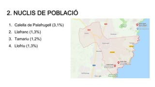 2. NUCLIS DE POBLACIÓ
1. Calella de Palafrugell (3,1%)
2. Llafranc (1,3%)
3. Tamariu (1,2%)
4. Llofriu (1,3%)
 