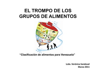 EL TROMPO DE LOS
GRUPOS DE ALIMENTOS




“Clasificación de alimentos para Venezuela”


                                   Lcda. Verónica Sandoval
                                               Marzo 2011
 