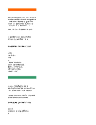 sgarse más que las personas de los otros
  en situaciones donde hay que adaptarse
 descartar una teoría sobre lo que hay
te cómodo con las personas, aunque a
icado a la política, a la docencia, a
ras personas, pero es la persona que
etas.


s, si puede perderse en actividades
práctica como a las ventas y a la



AS METODOLÓGICAS QUE PREFIERE



 de imaginación.
e expresión artística.
e trozos cortos.
socializada.
 ones sobre temas puntuales.
 ustrativos sobre los contenidos.
es de periodismo, entrevistas.
metáforas sobre contenidos.
tilizar el ensayo y error.




 (OR). Su punto más fuerte es la
es concretas desde muchas perspectivas.
ciona bien en situaciones que exigen

ciones que para su comprensión reguiere
 la gente y con amplios intereses

AS METODOLÓGICAS QUE PREFIERE


s de simulación
 nuevos enfoques a un problema
resultados
 