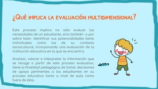 ¿Qué implica la evaluación multidimensional?
Este proceso implica no sólo evaluar las
necesidades de un estudiante, sino también -y por
sobre todo- identificar sus potencialidades tanto
individuales como las de su contexto
sociocultural, incorporando una evaluación de la
institución educativa en la que se encuentra.
Analizar, valorar e interpretar la información que
se recoge a partir de este proceso evaluativo,
tiene la finalidad pedagógica de tomar decisiones
de apoyo pertinentes a los estudiantes en su
proceso educativo tanto a nivel de aula como
fuera de ésta.
 
