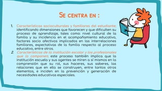 Se centra en :
1. Características socioculturales y familiares del estudiante;
identificando dimensiones que favorecen y que dificulten su
proceso de aprendizaje, tales como: nivel cultural de la
familia y su incidencia en el acompañamiento educativo,
factores socio afectivos implicados en las interrelaciones
familiares, expectativas de la familia respecto al proceso
educativo, entre otros.
2. Características de la institución escolar y los profesionales
que la componen; este proceso también implica que la
institución escuela y sus agentes se miren a sí mismos en la
comprensión que su rol, sus haceres, sus saberes, las
relaciones que en ella se construyen, entre tantos otros
elementos, e inciden en la prevención y generación de
necesidades educativas especiales.
 
