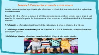 Dimension 3. Participación, interacción y roles sociales
La mejor manera de examinar la participación y las interacciones es a través de la observación directa de la implicación en
actividades cotidianas.
El estatus del rol se refiere a un conjunto de actividades apreciadas que se consideran normales para un grupo de edad
específico. Es importante apreciar las implicaciones de estos factores en la multidimensionalidad de la Discapacidad
Intelectual:
1. Participación: se refiere a la implicación de un individuo y a la ejecución de tareas en situaciones de la vida real.
2. La falta de participación e interacciones puede ser el resultado de la falta de disponibilidad y accesibilidad de recursos,
acomodaciones y servicios.
3. La falta de participación e interacciones frecuentemente limita el logro de roles sociales valorados.
 