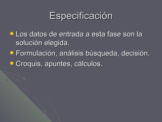 Especificación Los datos de entrada a esta fase son la solución elegida. Formulación, análisis búsqueda, decisión. Croquis, apuntes, cálculos. 