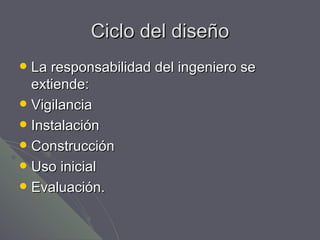 Ciclo del diseño La responsabilidad del ingeniero se extiende: Vigilancia Instalación Construcción Uso inicial Evaluación. 