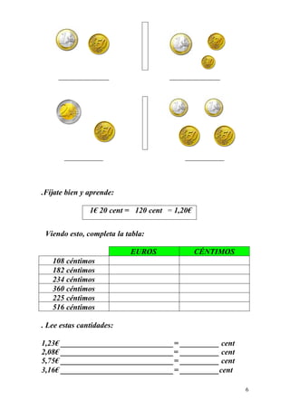 _____________                 _____________




       __________                      __________



.Fíjate bien y aprende:

               1€ cent = 120 cent = 1,20€
                 20


 Viendo esto, completa la tabla:

                           EUROS         CÉNTIMOS
   108 céntimos
   182 céntimos
   234 céntimos
   360 céntimos
   225 céntimos
   516 céntimos

. Lee estas cantidades:

1,23€_____________________________= __________ cent
2,08€_____________________________= __________ cent
5,75€_____________________________= __________ cent
3,16€_____________________________= __________cent

                                                      6
 