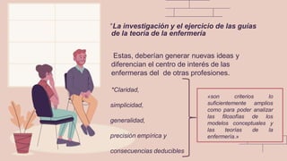 “La investigación y el ejercicio de las guías
de la teoría de la enfermería
Estas, deberían generar nuevas ideas y
diferencian el centro de interés de las
enfermeras del de otras profesiones.
*Claridad,
simplicidad,
generalidad,
precisión empírica y
consecuencias deducibles
«son criterios lo
suficientemente amplios
como para poder analizar
las filosofías de los
modelos conceptuales y
las teorías de la
enfermería.»
 